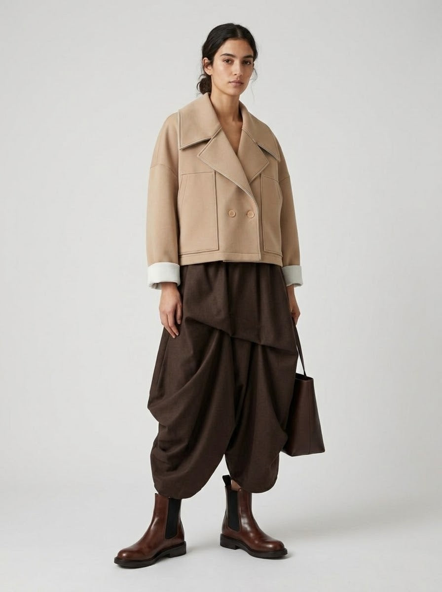 Model wearing camel Bronte scuba bomber jacket with brown harem trousers
