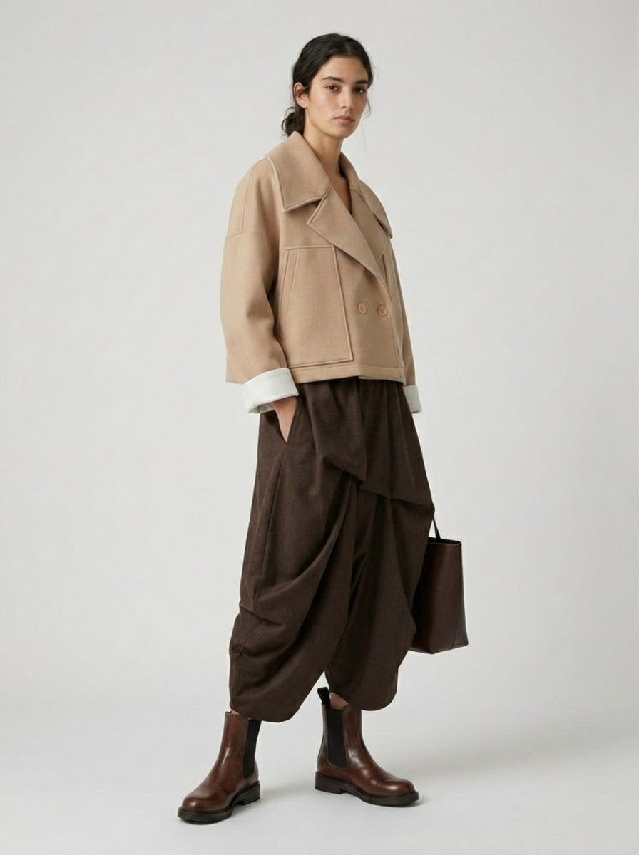 Model wearing camel Bronte cropped jacket, three-quarter view