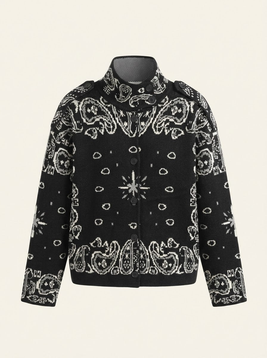 Sadie paisley knitted jacket in black, front flat lay