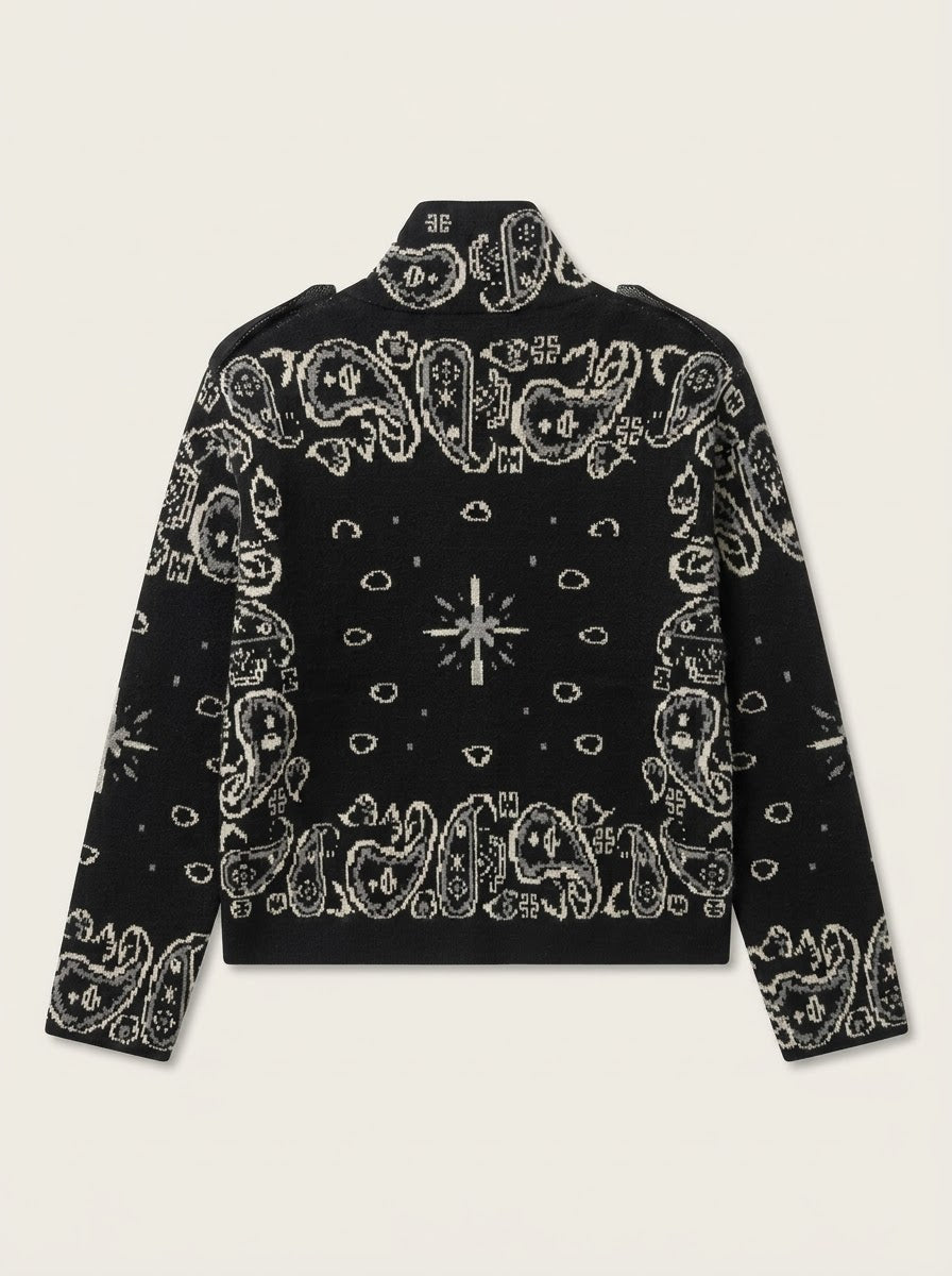 Sadie paisley knitted jacket in black, back flat lay