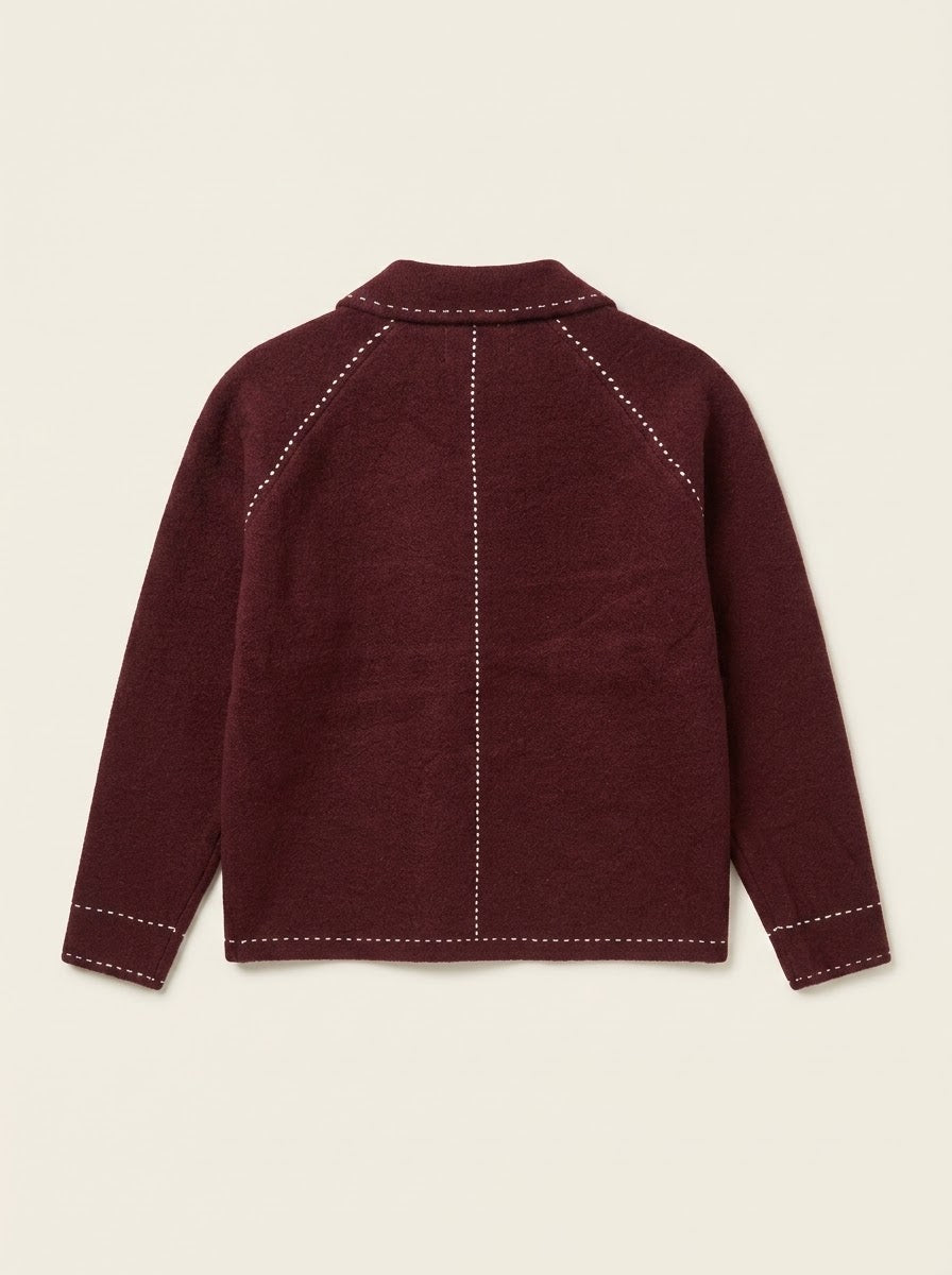 Sara saddle stitch knitted jacket in burgundy, back flat lay