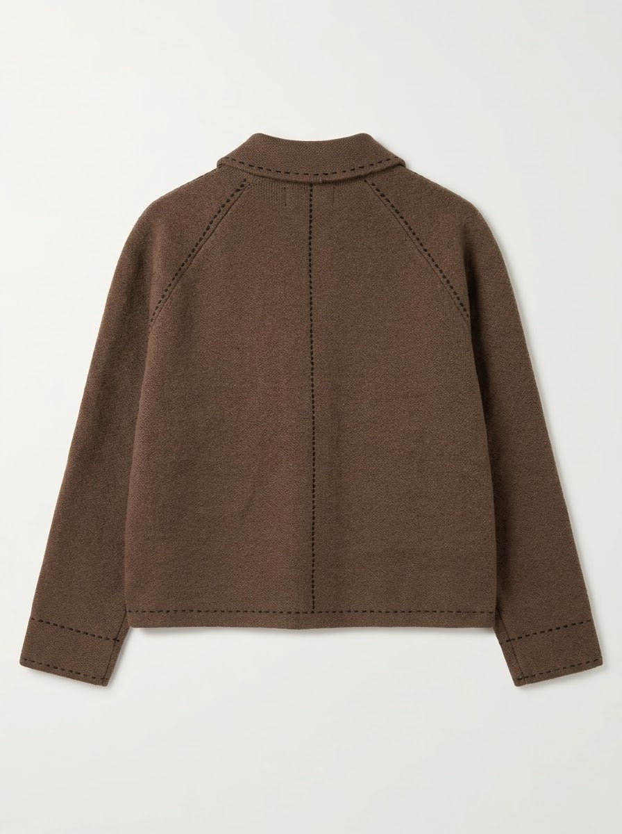 Sara saddle stitch knitted jacket in chocolate, back flat lay