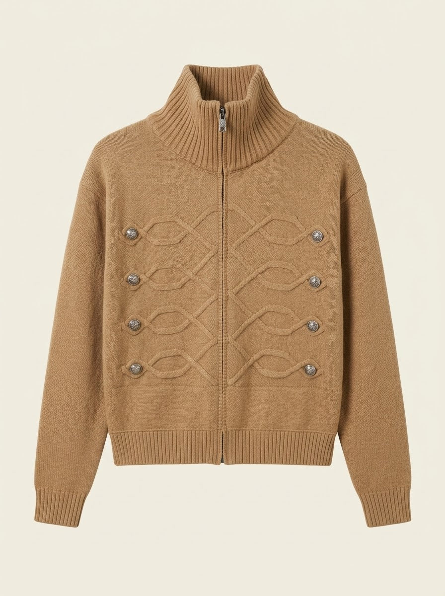 Simone regiment knitted jacket in camel, front flat lay