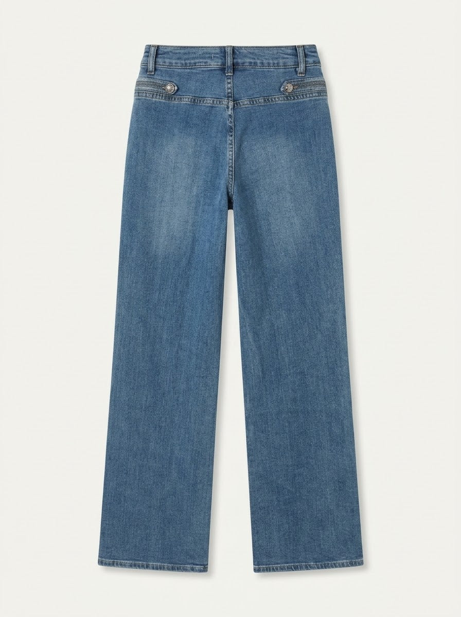 Danni military button wide-leg jeans in denim blue, back flat lay