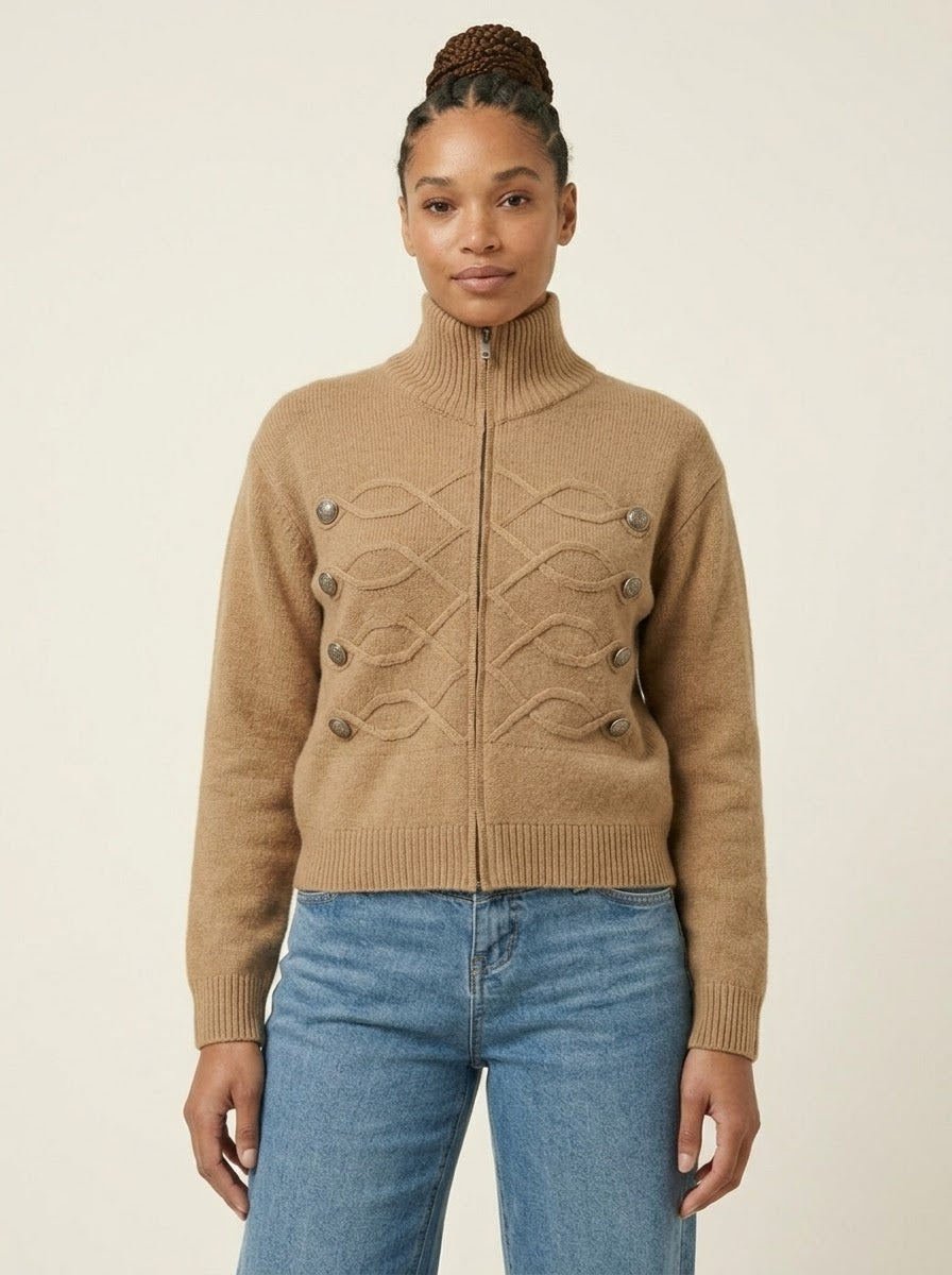 Model wearing Simone regiment knitted jacket in camel, close front view