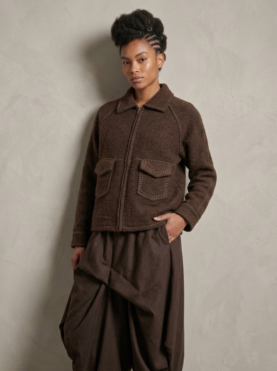Model wearing Sara saddle stitch knitted jacket in chocolate, front view
