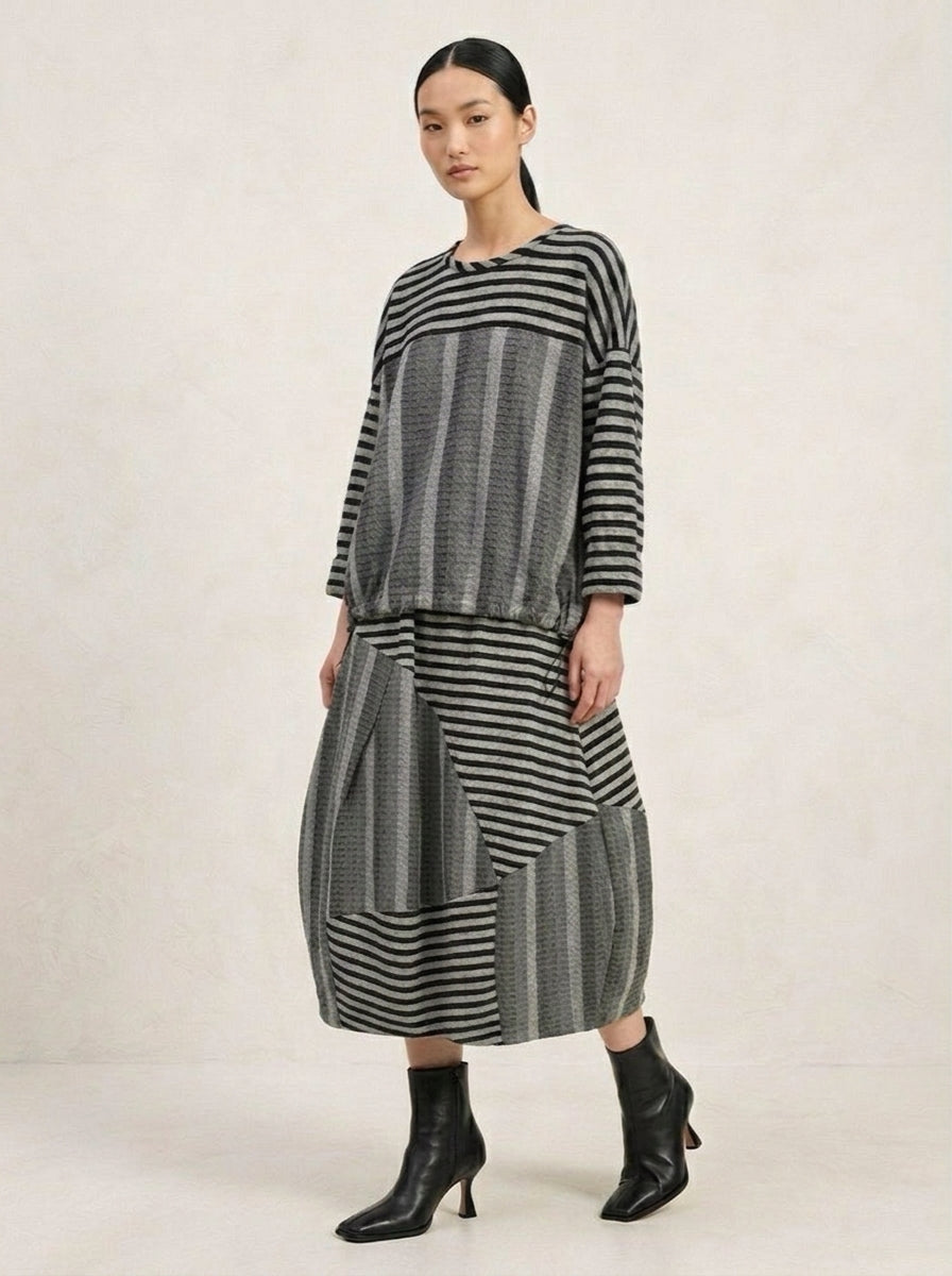Elisa grey striped T-shirt styled with a coordinating midi skirt
