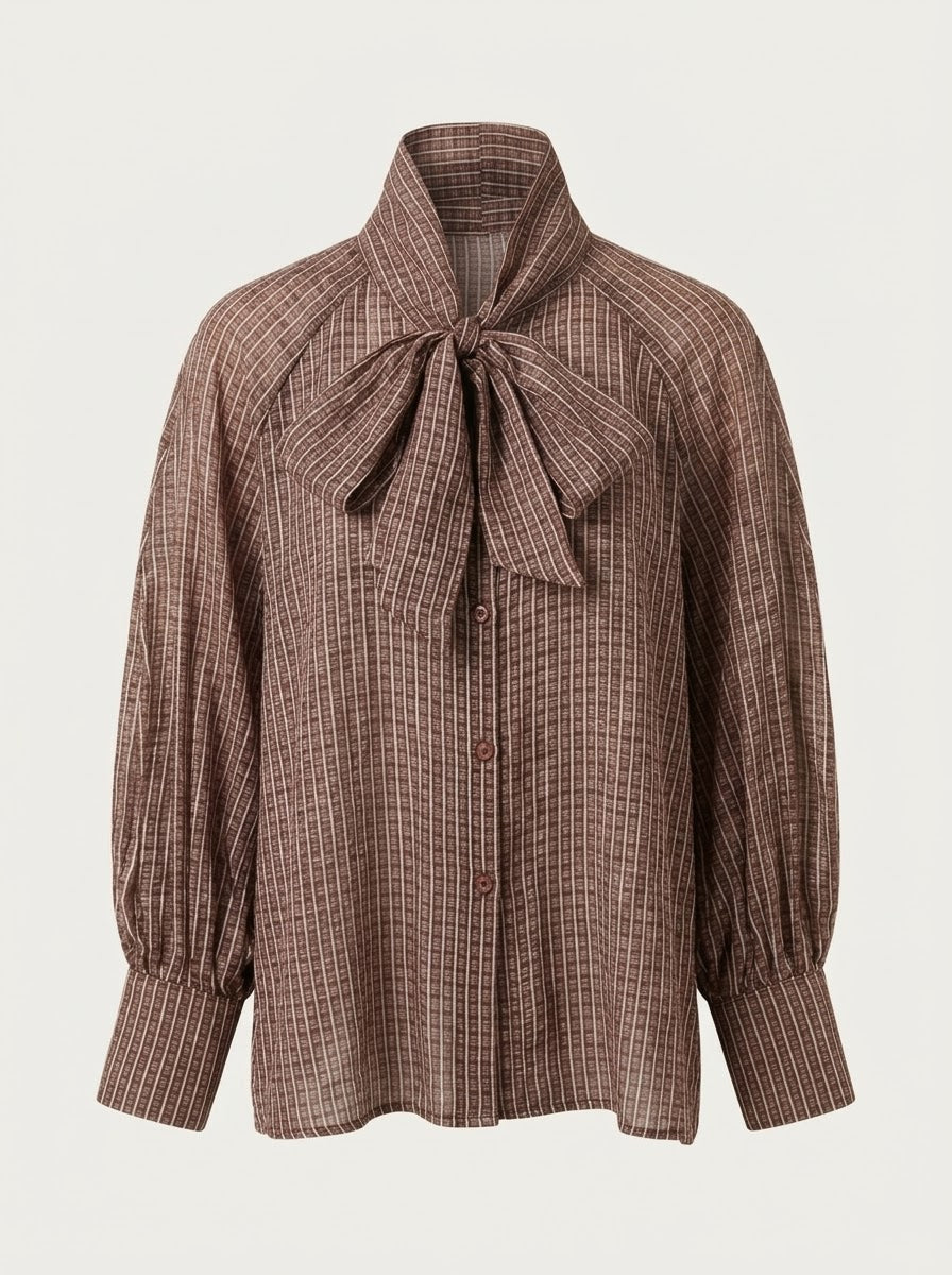 Judy checked bow blouse in brown, front product view