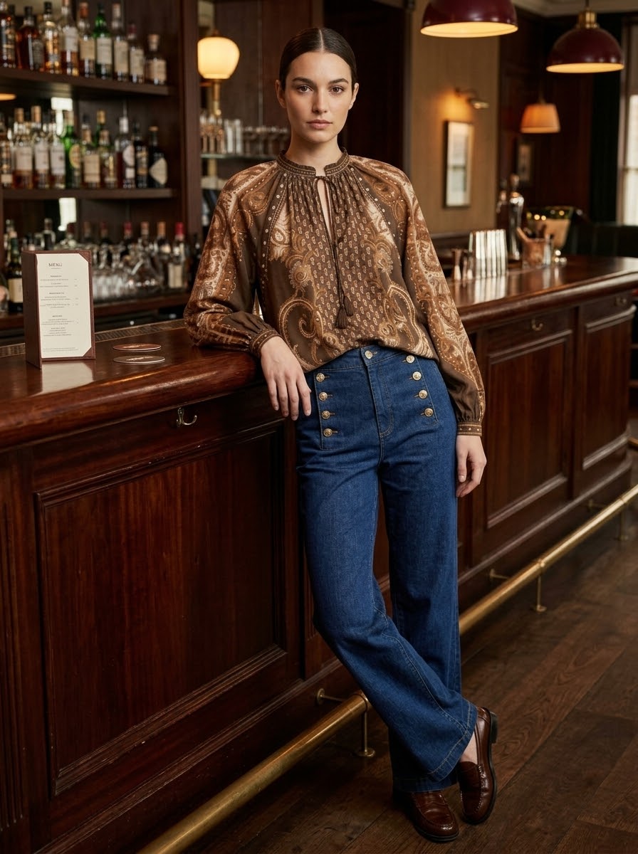 Model wearing tan Jessica leaf printed blouse in a bar setting
