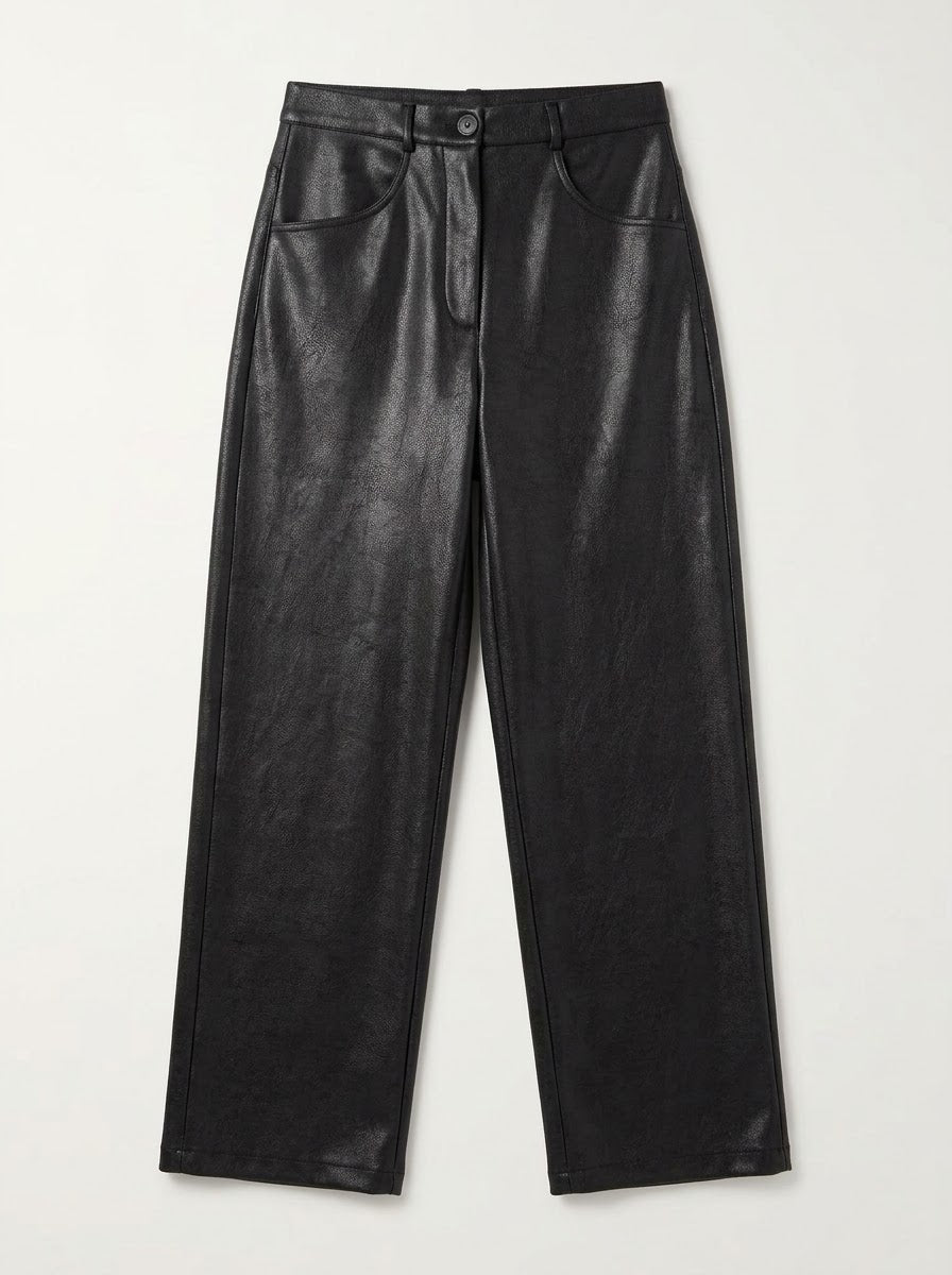 Fredi black wide leg pleather jeans, front product view