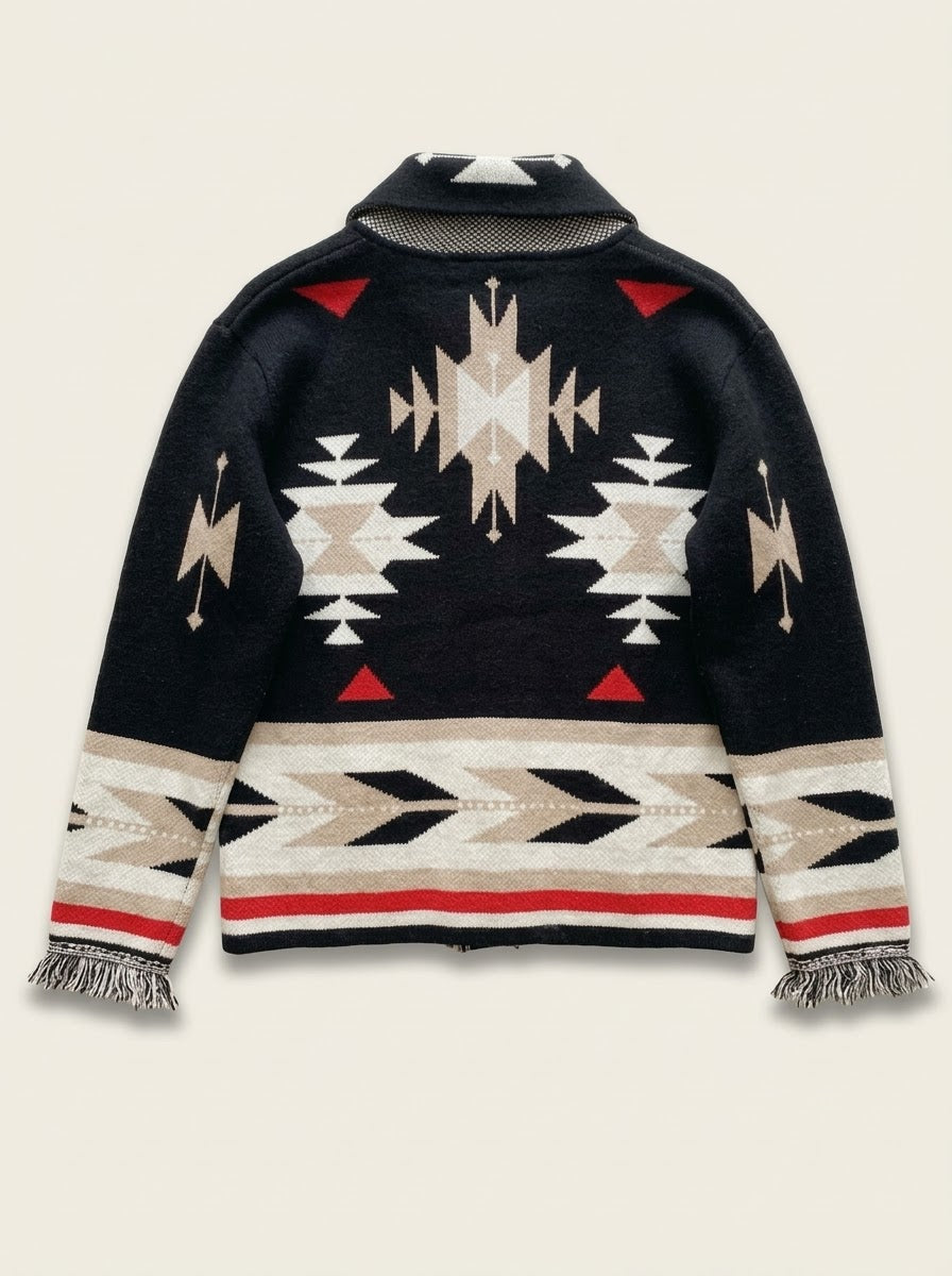 Sienna black geometric cardigan with fringed pockets