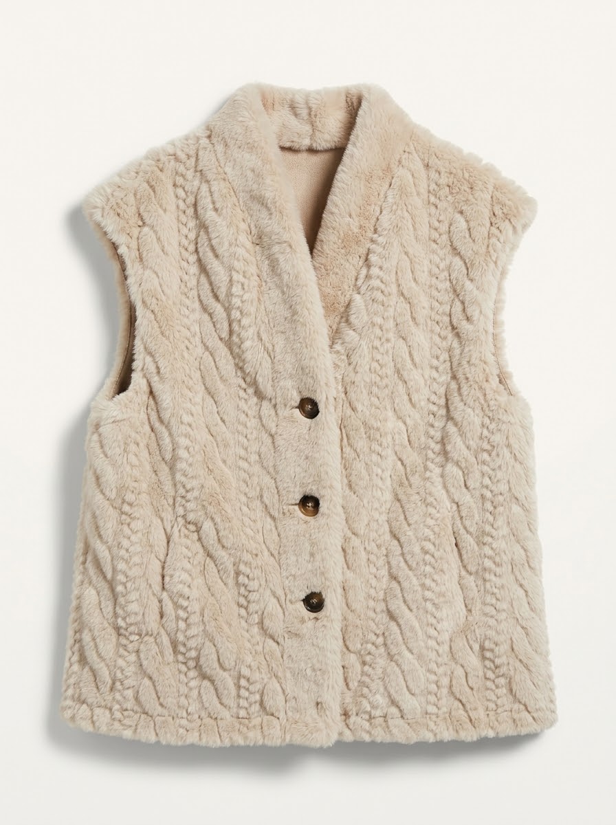 Gina beige faux-fur gilet styled with jeans