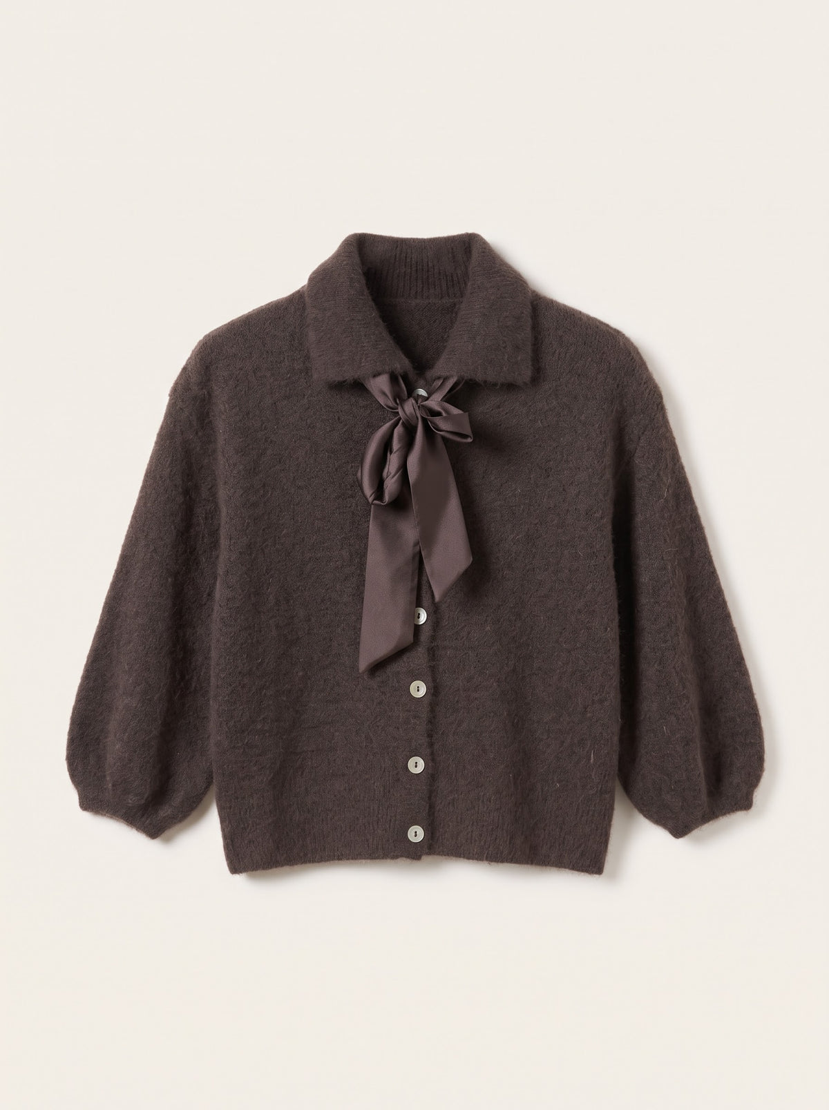 Antoinette chocolate button-through cardigan with satin bow, front view