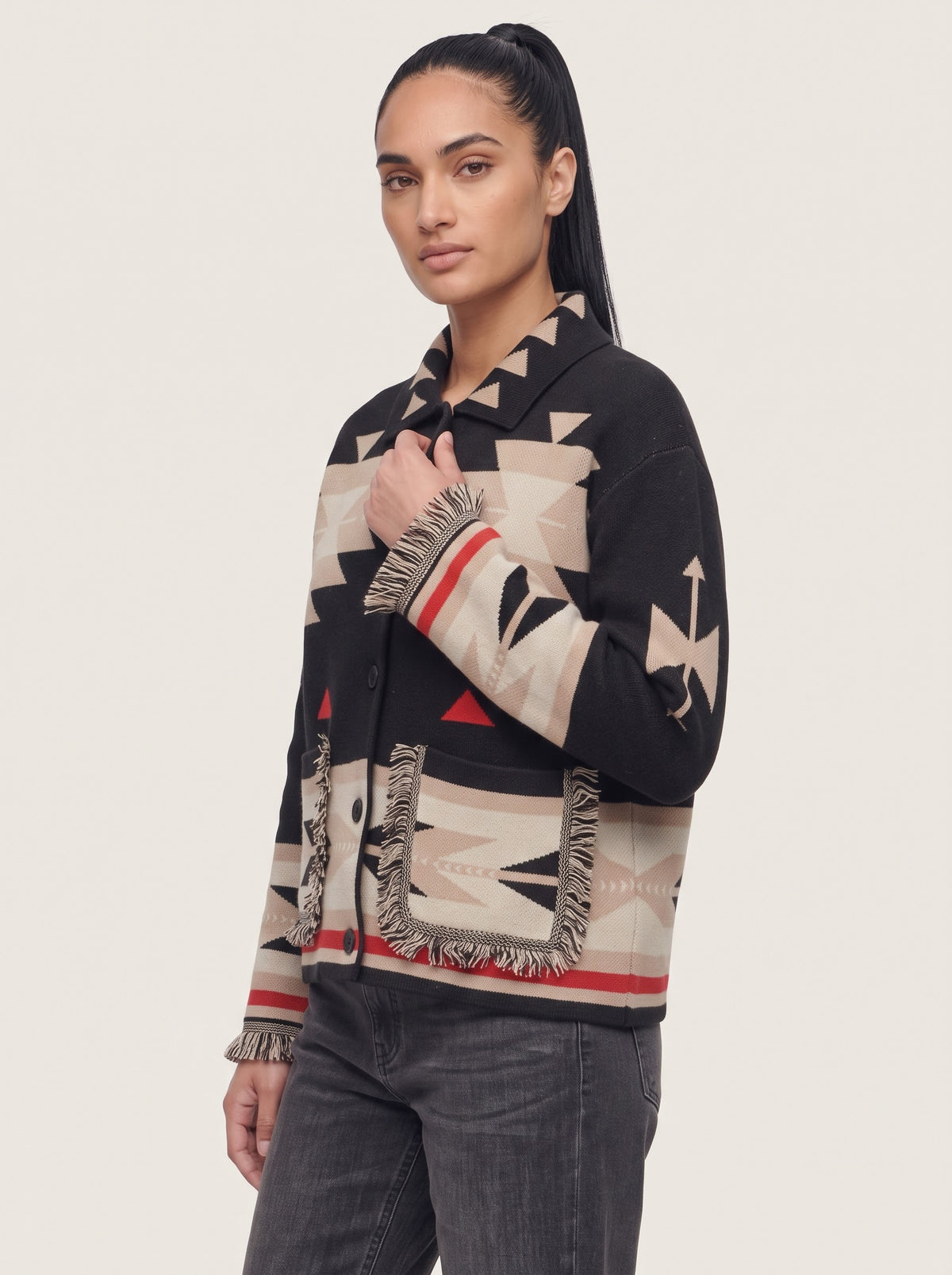 Sienna black wool and cashmere blend cardigan with fringe trim