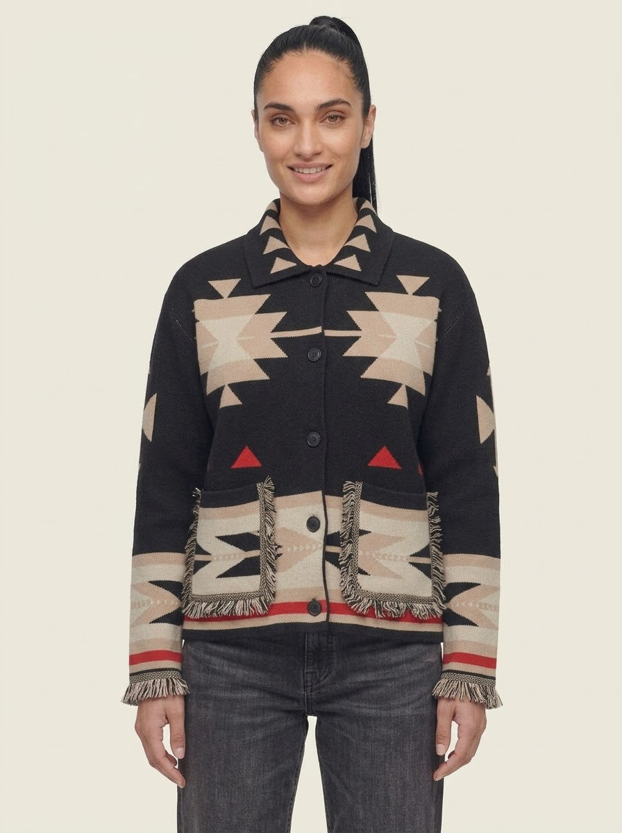 Sienna black Navajo-inspired cardigan worn on model