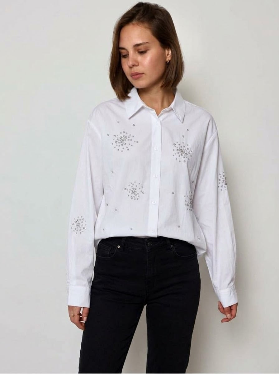 Annabelle white loose-fit shirt with diamante clusters