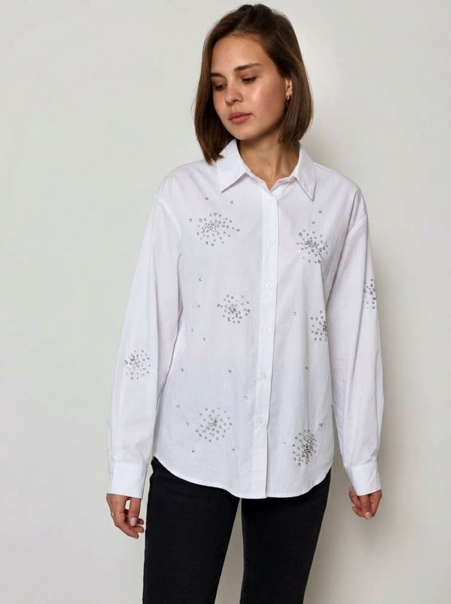 Annabelle white stretch-cotton diamante cluster shirt worn on model