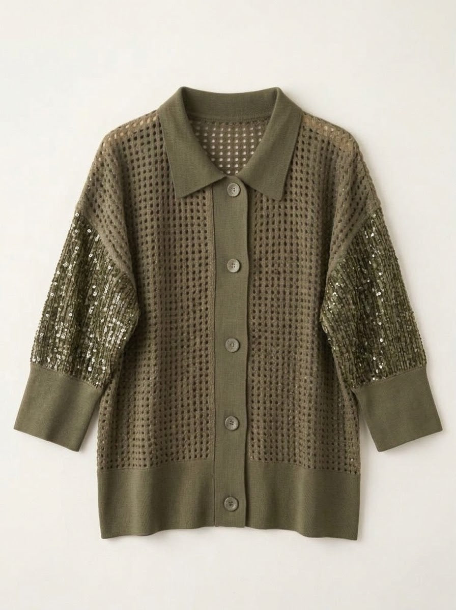 Close-up of the Janey khaki cardigan showing sequins and ribbed trims