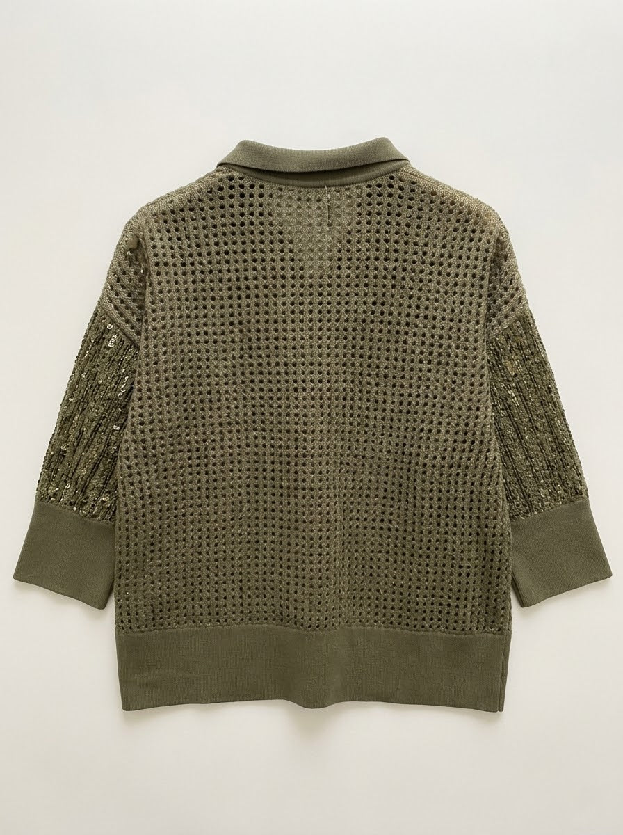 Janey khaki sequin cardigan styled with matching knitted trousers