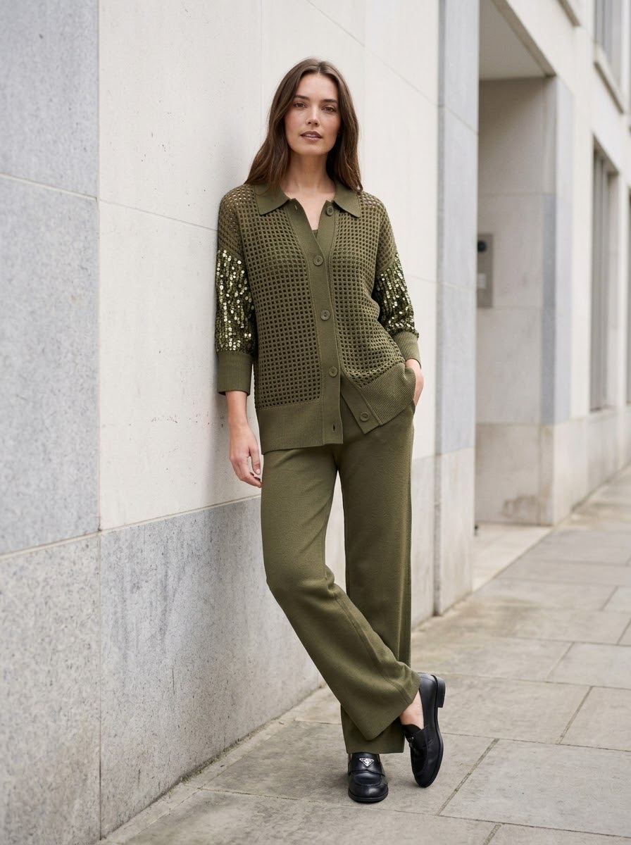 Janey khaki open-weave cardigan showing its button front and sequin sleeves