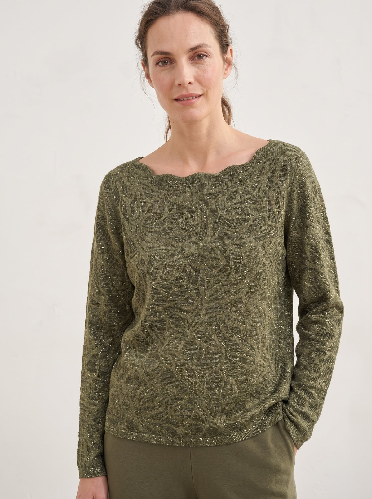 Model wearing the Imani khaki embossed lurex jumper, front view