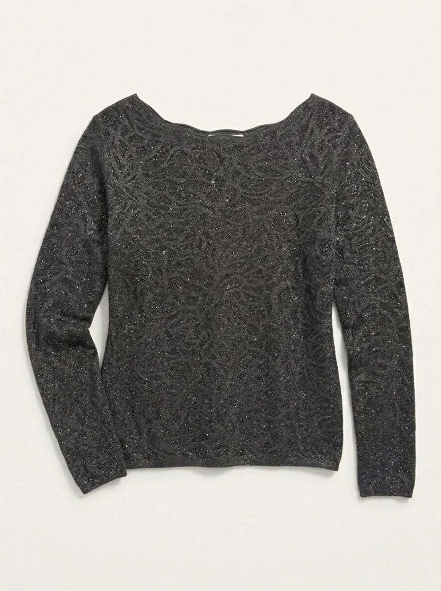 Imani grey embossed lurex jumper styled with charcoal trousers