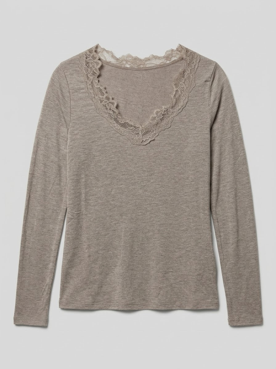 Mollie taupe cashmere-blend lace top outfit detail