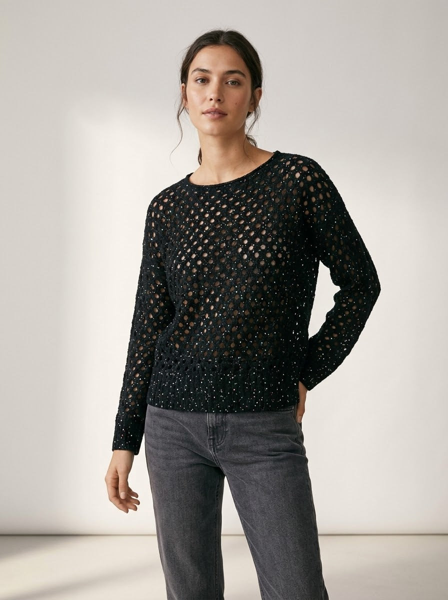 Close-up of the Barbados black slash-neck jumper and ribbed hem