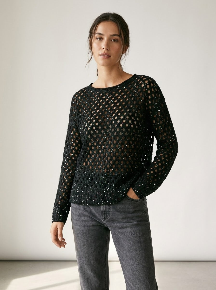 Front view of the Barbados black open-weave jumper showing its shimmer
