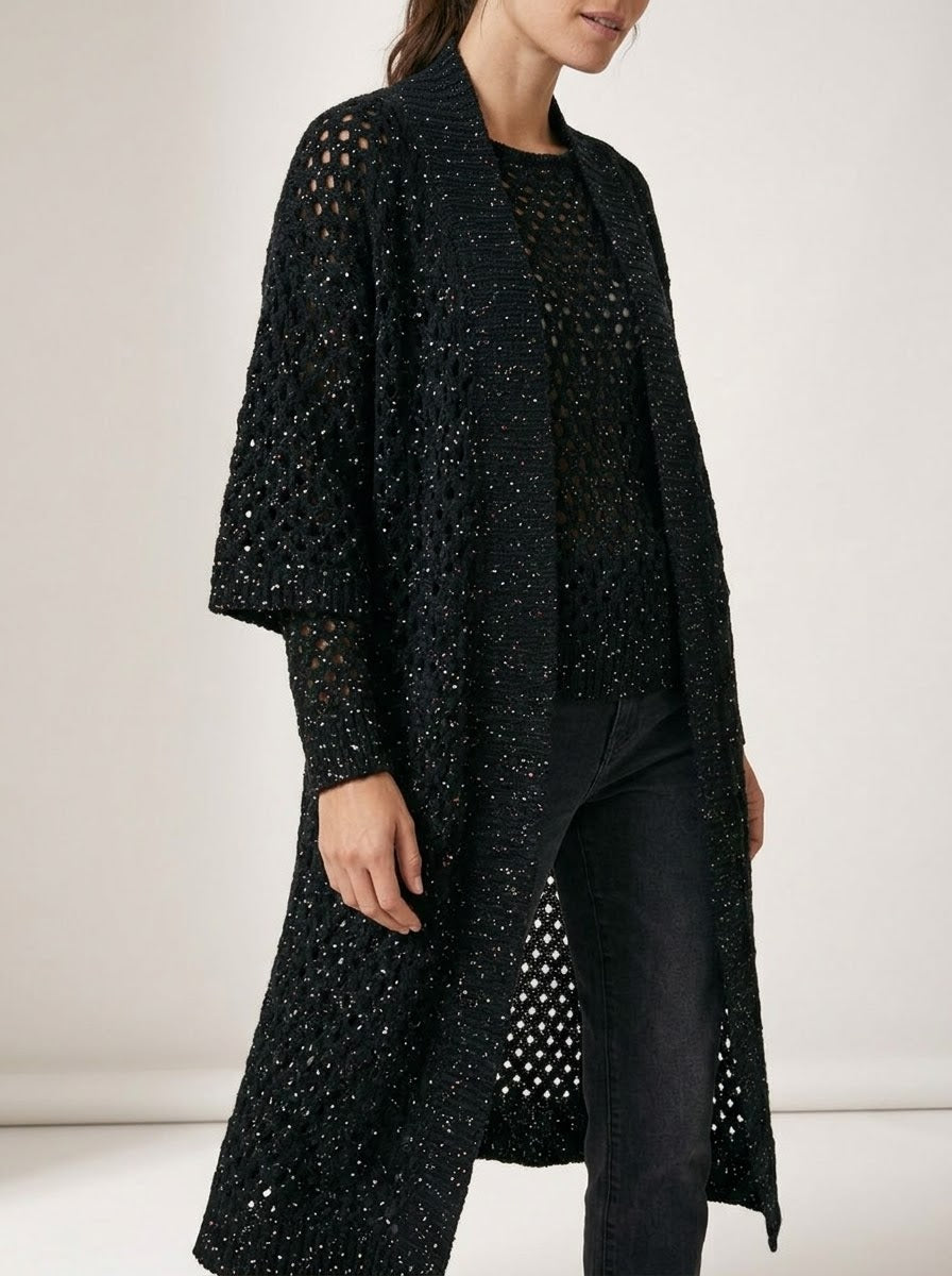Back view of the Barbados black long crochet cardigan