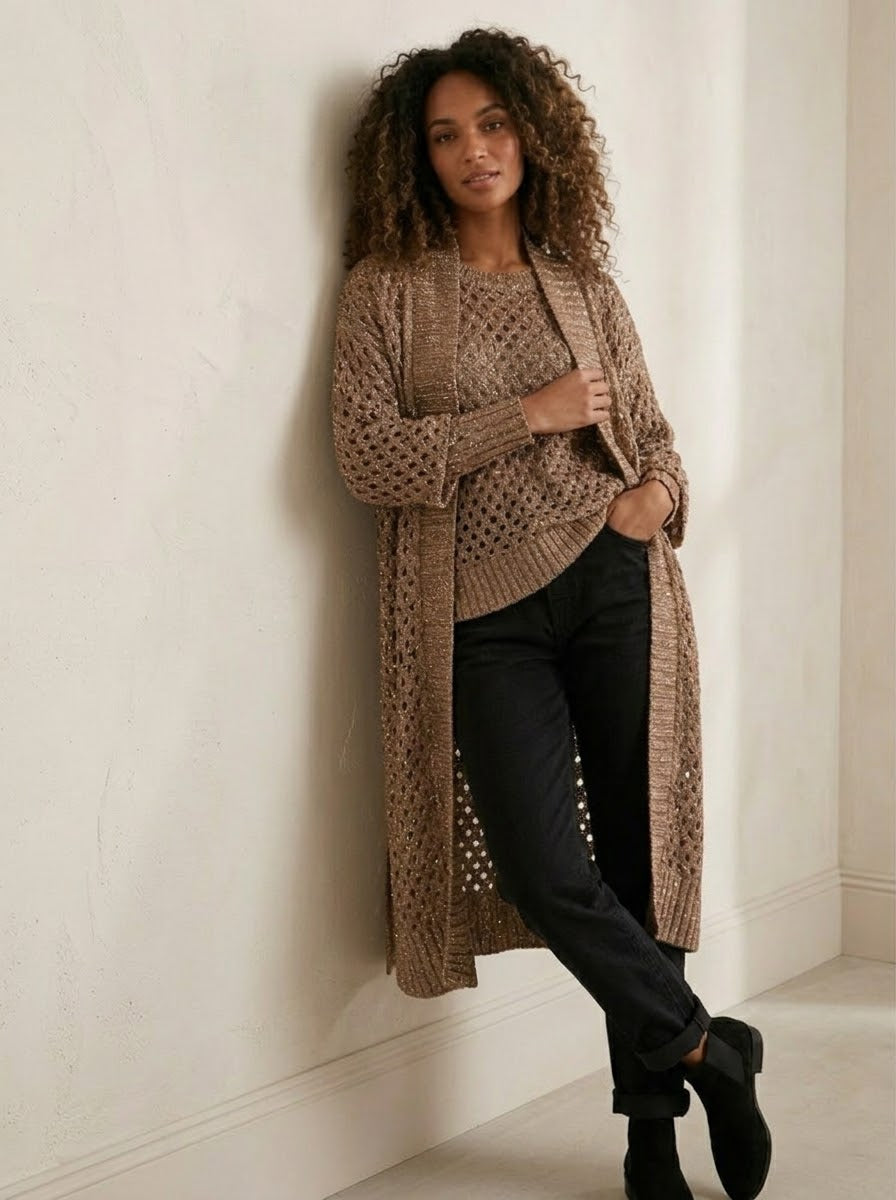 Front view of the Barbados bronze open-weave long cardigan