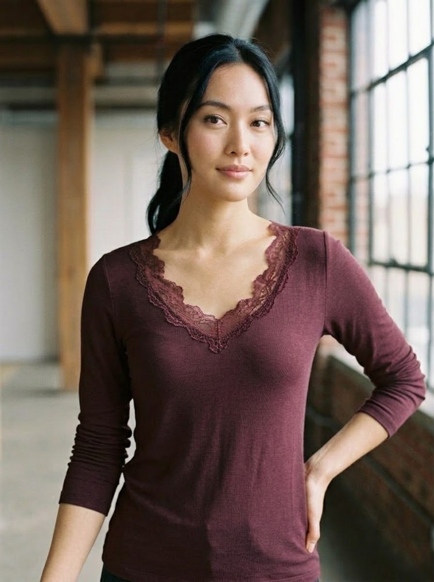 Mollie burgundy long-sleeved top with lace-trimmed V-neckline
