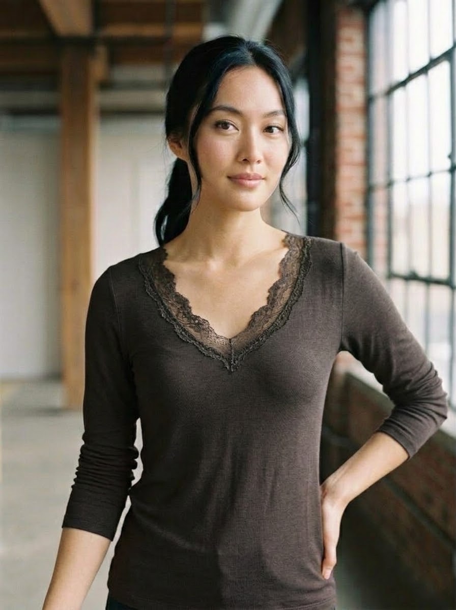 Mollie chocolate long-sleeved top with lace-trimmed V-neckline