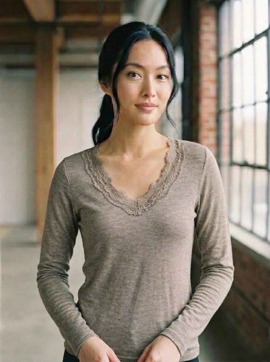 Mollie taupe soft-touch lace top styled on model