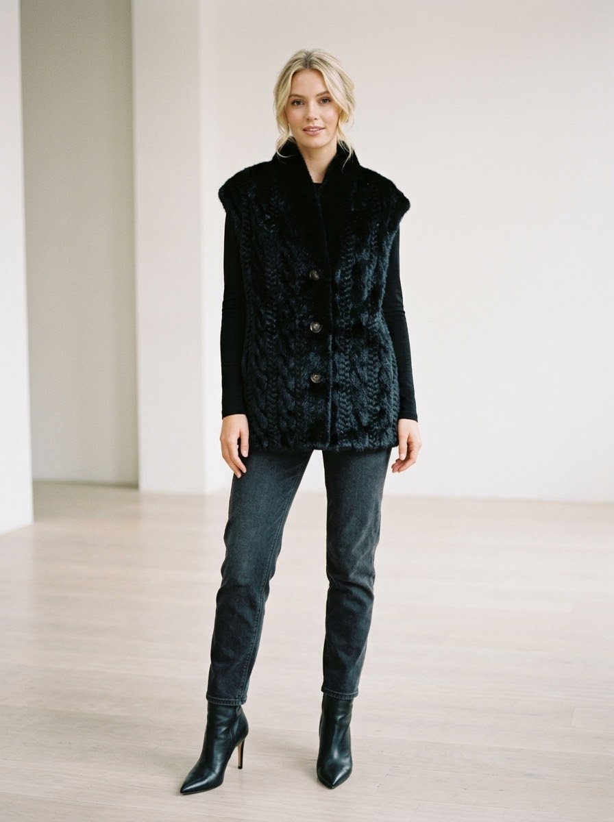 Gina black button-front gilet with two pockets