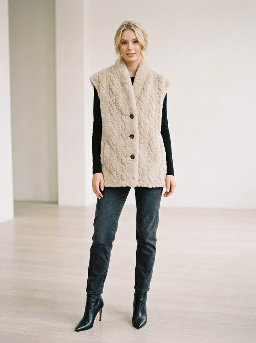 Gina beige cable-textured gilet with V-neck