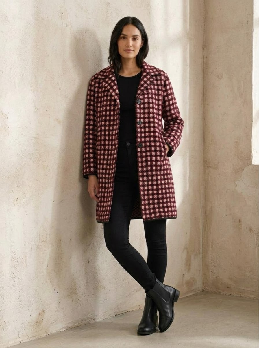 Libby red check midi length knitted coatigan