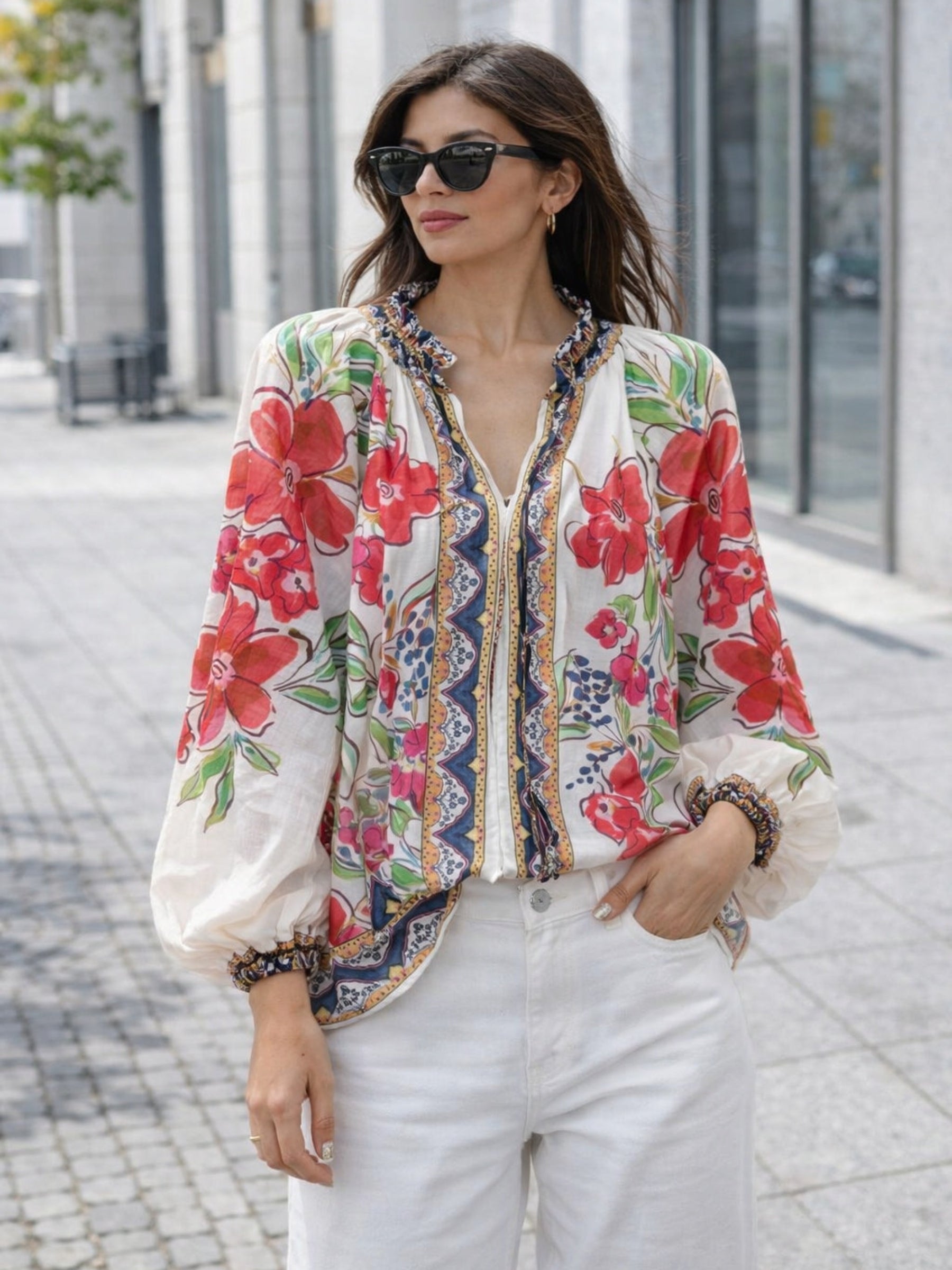 Jessica - Tie front printed blouse