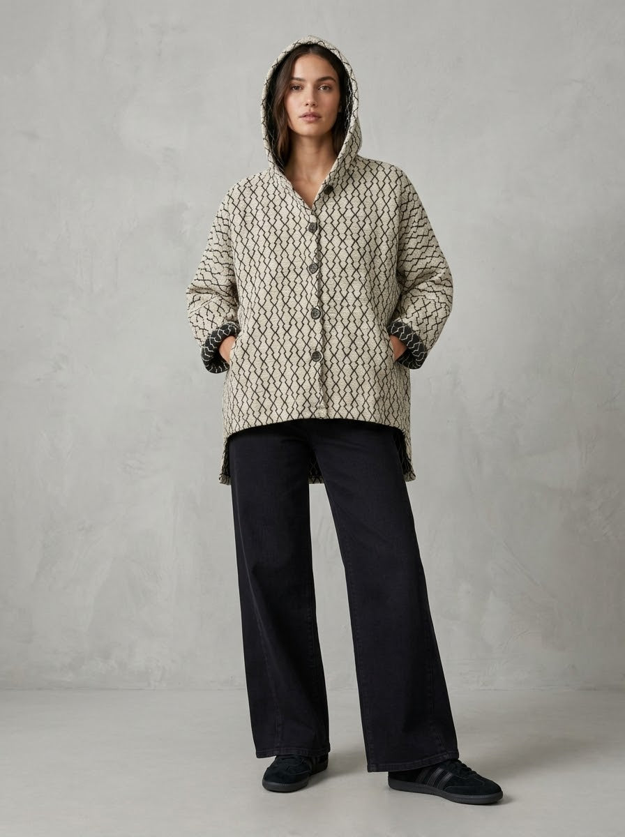 Model wearing oatmeal Ingrid jacket, full-length front view