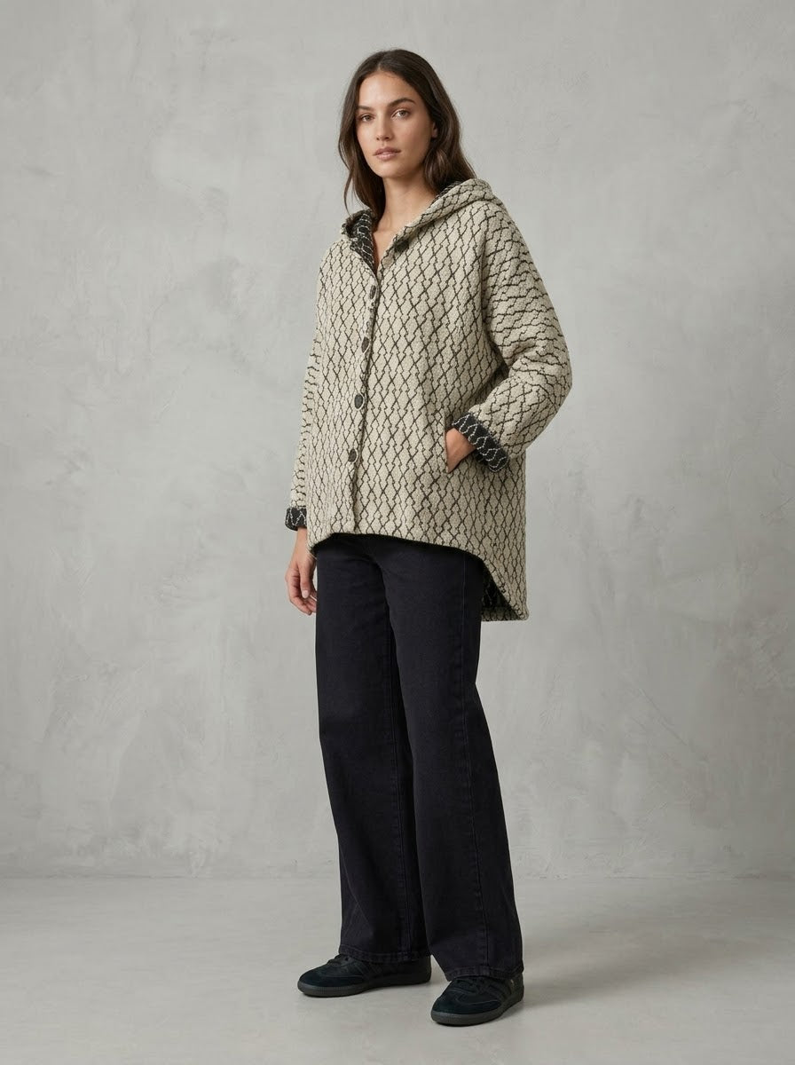 Model wearing oatmeal Ingrid jacket, three-quarter view
