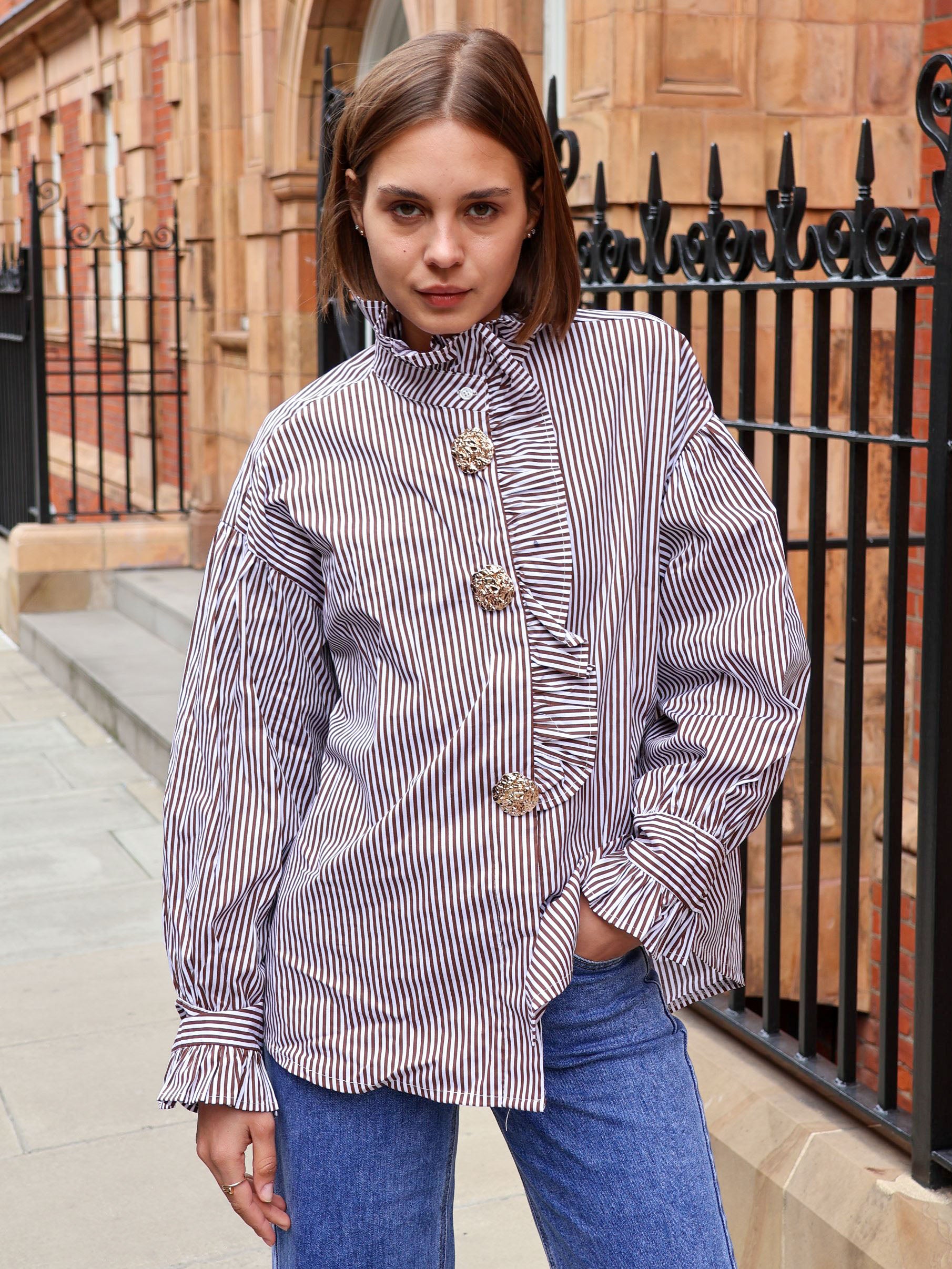 Cleo - Frill front stripe shirt