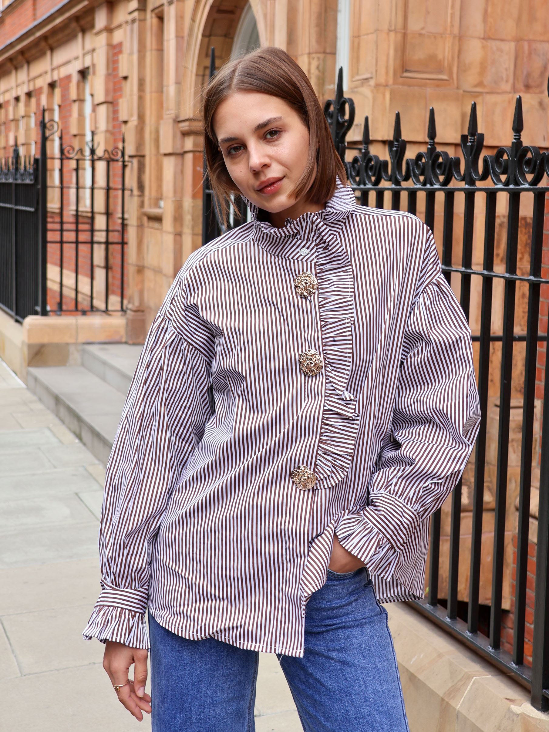 Cleo - Frill front stripe shirt