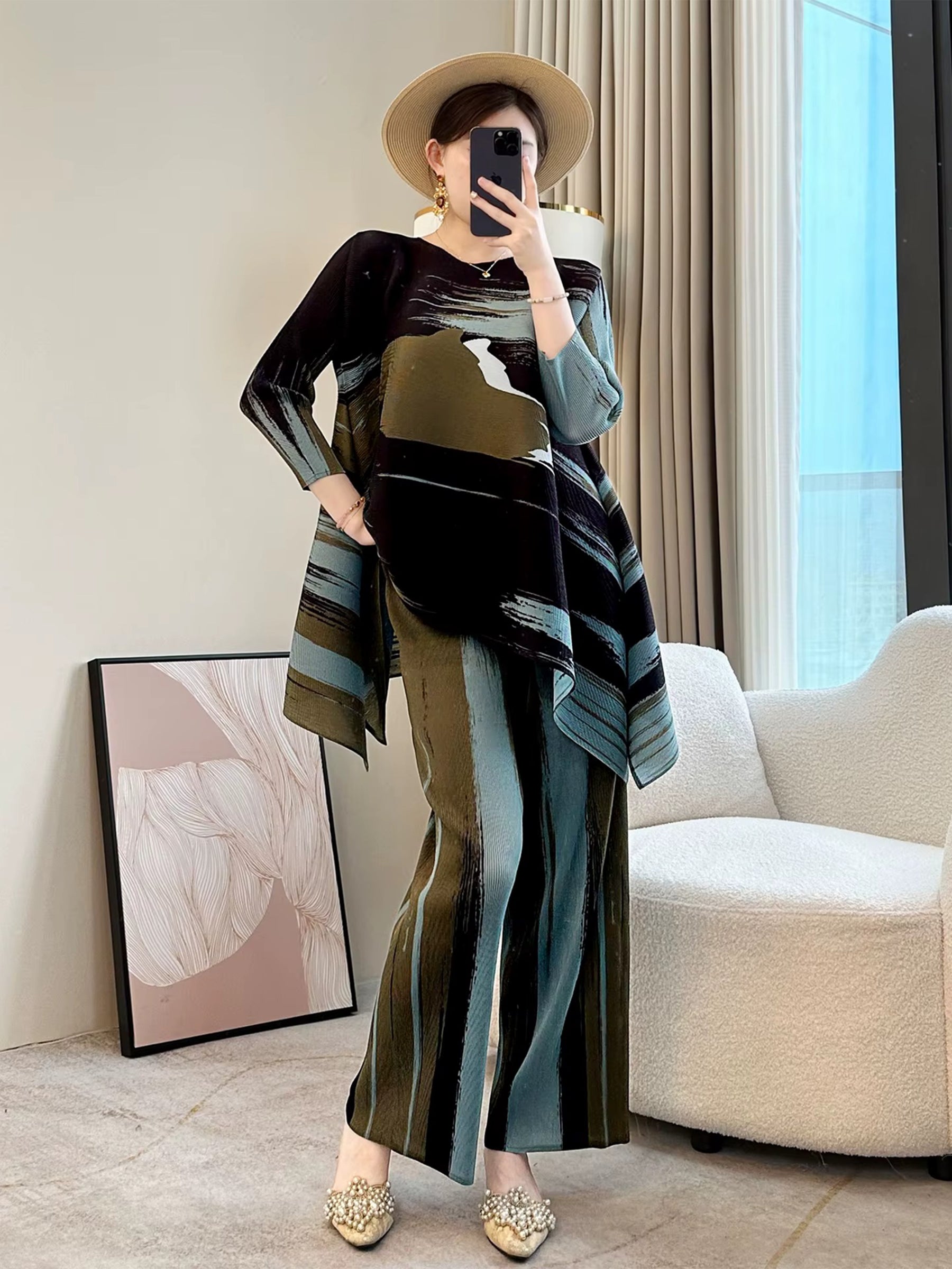 Marie - Printed asymmetric top & trouser set