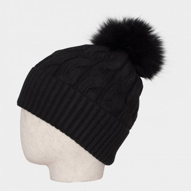 Connie black cashmere blend cable knit bobble hat