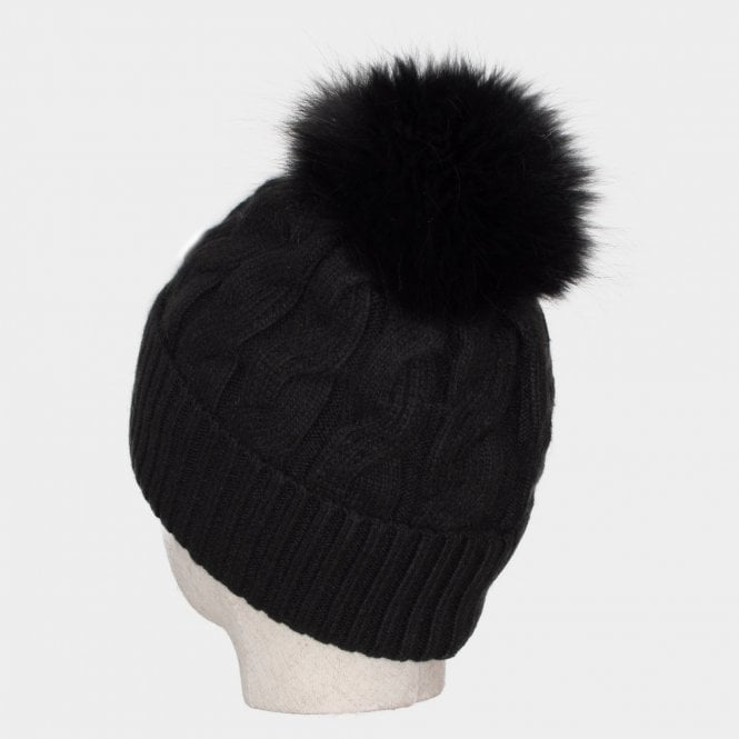Connie black cashmere blend cable knit bobble hat