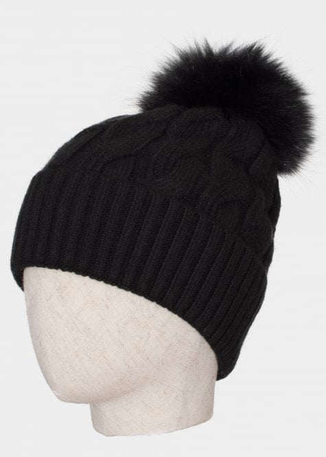 Connie black cashmere blend cable knit bobble hat