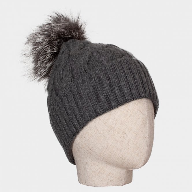 Connie grey cashmere blend cable knit bobble hat