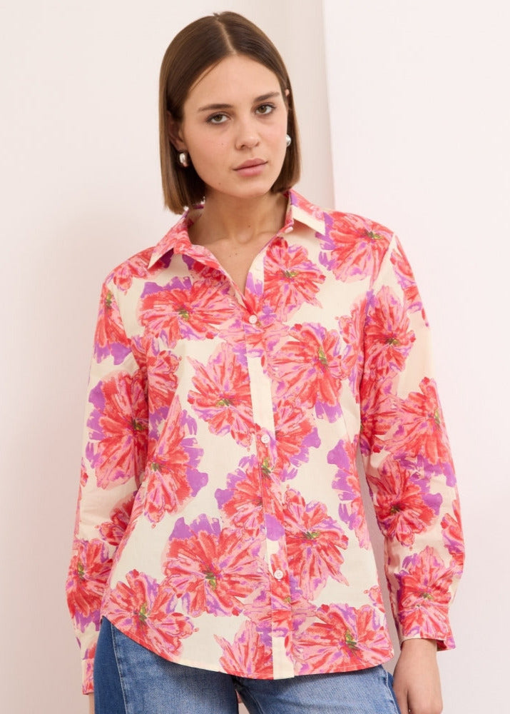 Dominica red floral cotton fitted shirt