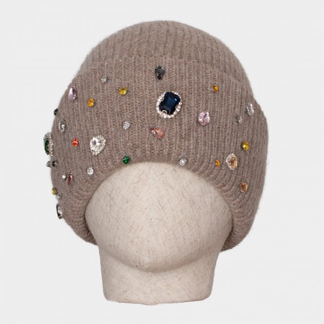 Gina taupe cashmere blend jewelled knit hat
