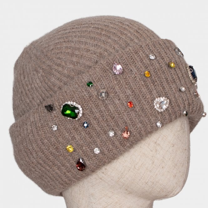 Gina taupe cashmere blend jewelled knit hat